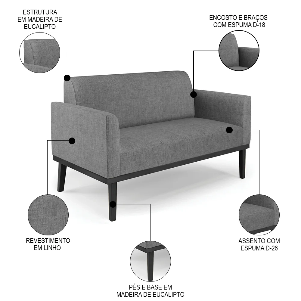 Sofá Namoradeira Base Madeira Preto Maressa Linho Grafite - Ibiza