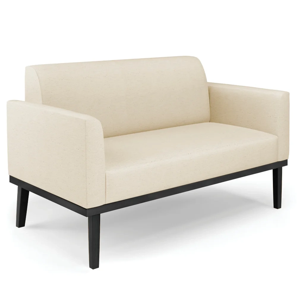 Sofá Namoradeira e 2 Poltronas Base Madeira Preto Maressa Linho Bege - Ibiza