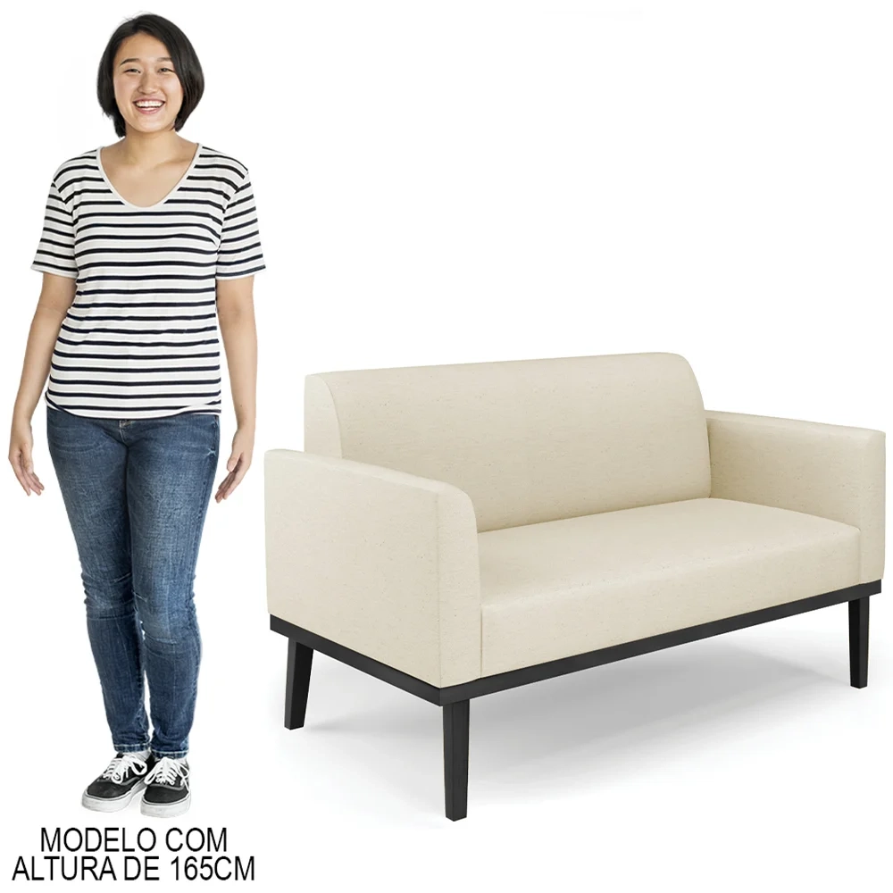 Sofá Namoradeira e 2 Poltronas Base Madeira Preto Maressa Linho Bege - Ibiza