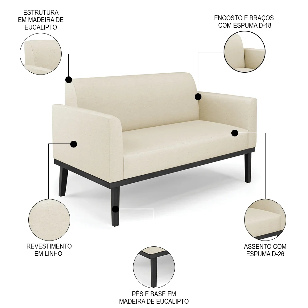 Sofá Namoradeira e 2 Poltronas Base Madeira Preto Maressa Linho Bege - Ibiza