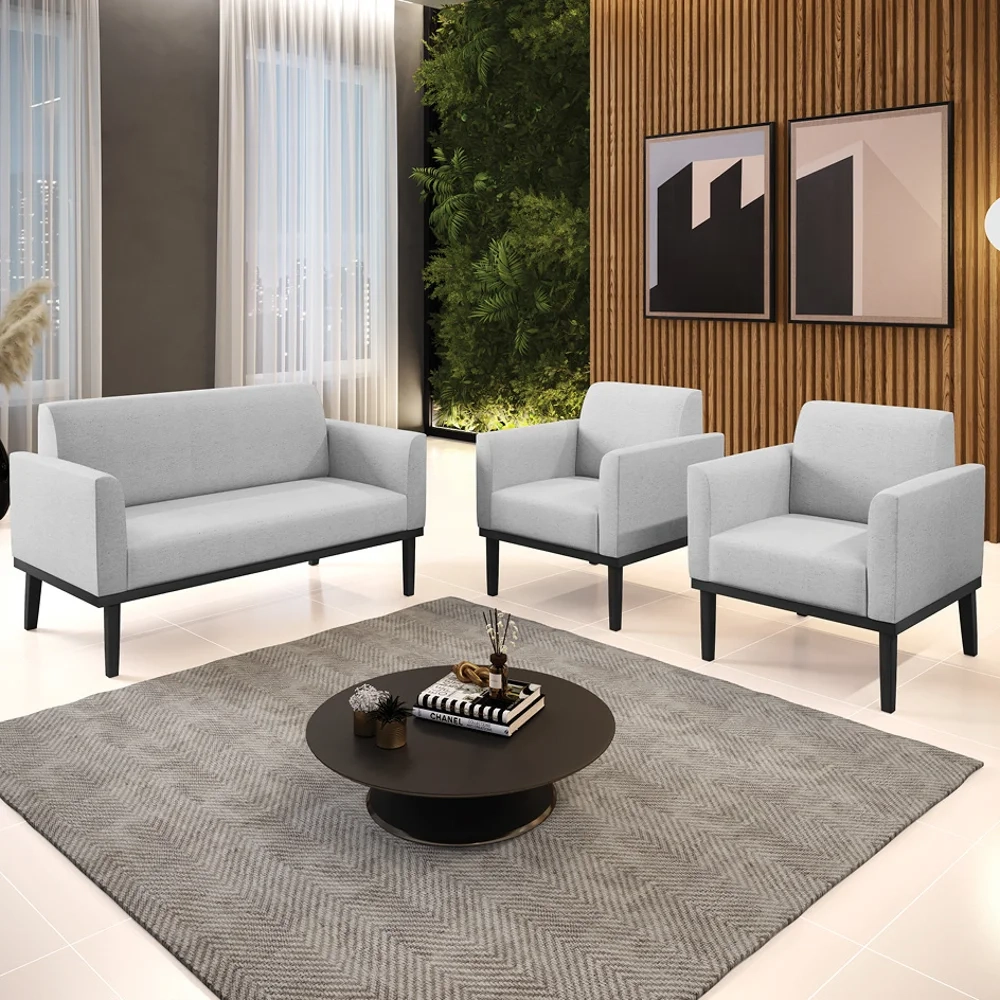 Sofá Namoradeira e 2 Poltronas Base Madeira Preto Maressa Linho Cinza - Ibiza