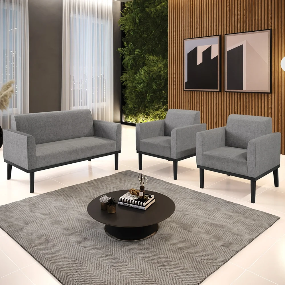 Sofá Namoradeira e 2 Poltronas Base Madeira Preto Maressa Linho Grafite - Ibiza