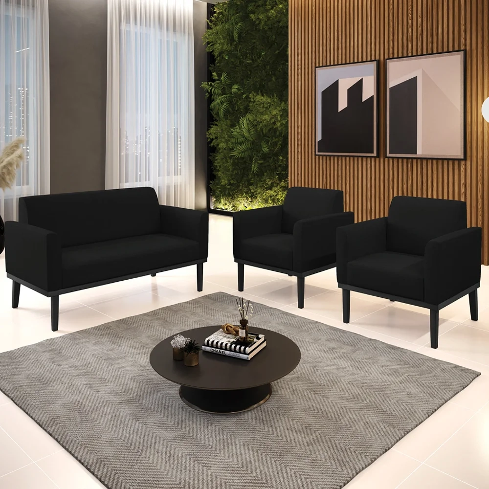 Sofá Namoradeira e 2 Poltronas Base Madeira Preto Maressa Linho Preto - Ibiza