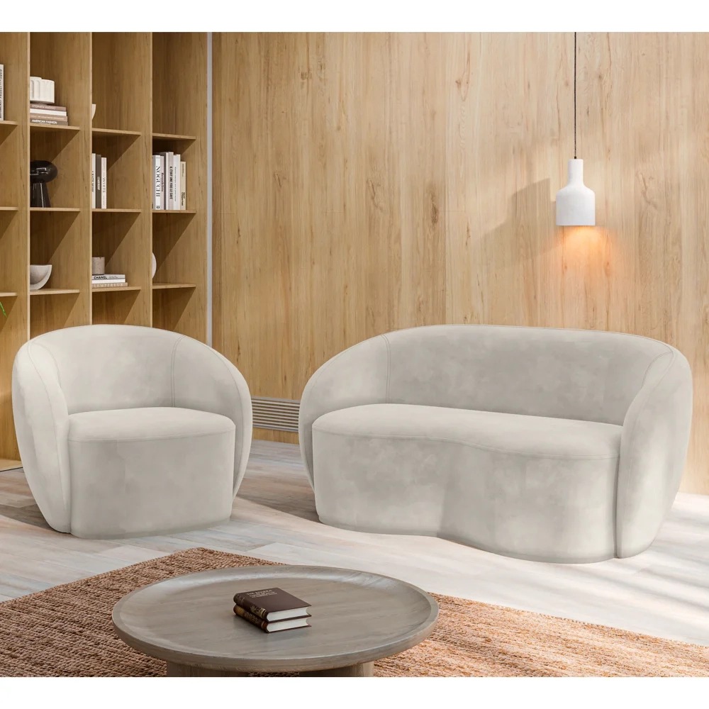 Sofá 2 Lugares Living 160cm e 1 Poltrona Giratória Garbin Z08 Veludo Bege - Mpozenato