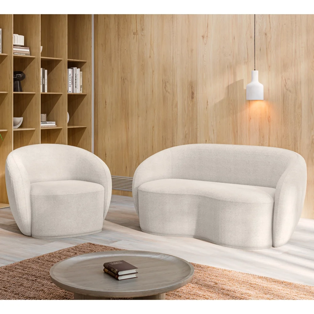 Sofá 2 Lugares Living 160cm e 1 Poltrona Giratória Garbin Z08 Boucle Bege - Mpozenato