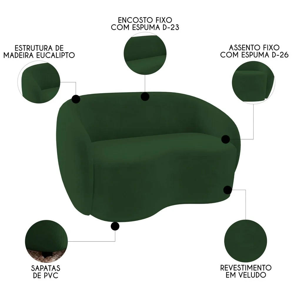 Sofá 2 Lugares Living 160cm e 1 Poltrona Giratória Garbin Z08 Veludo Verde - Mpozenato