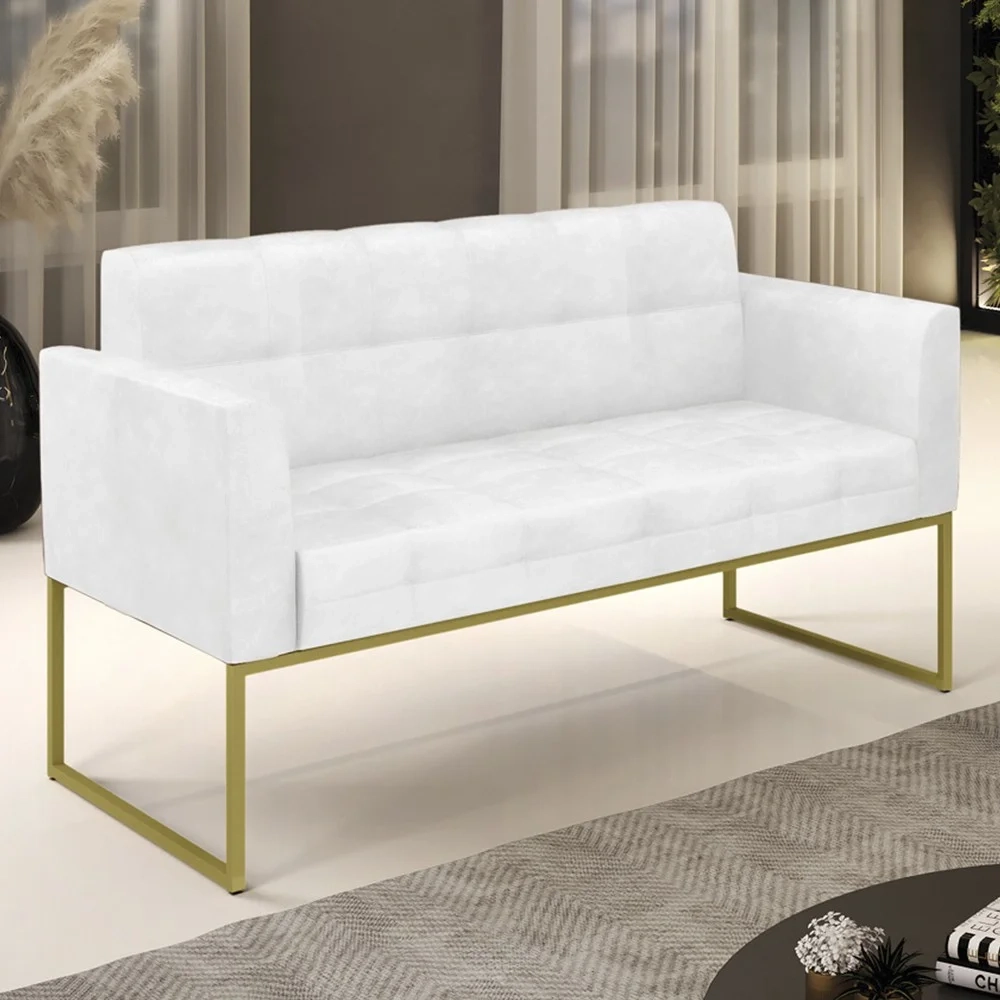 Sofá Namoradeira Base Industrial Dourado Ana Sintético PU Branco - Ibiza