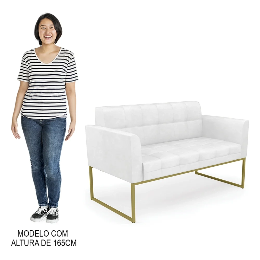 Sofá Namoradeira Base Industrial Dourado Ana Sintético PU Branco - Ibiza
