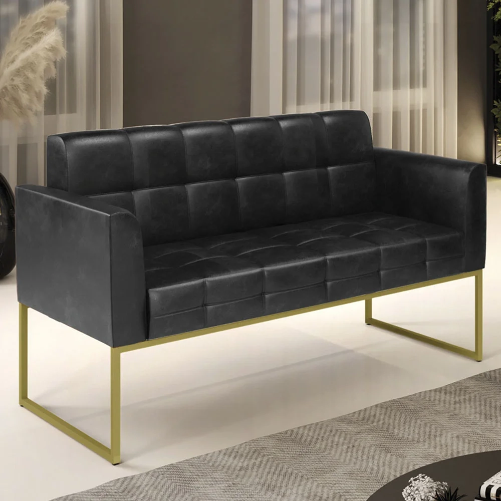 Sofá Namoradeira Base Industrial Dourado Ana Sintético PU Preto - Ibiza