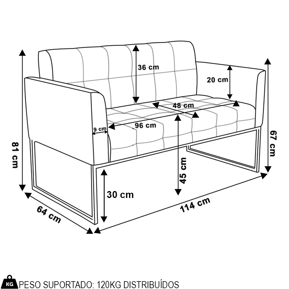Sofá Namoradeira Base Industrial Dourado Ana Sintético PU Preto - Ibiza