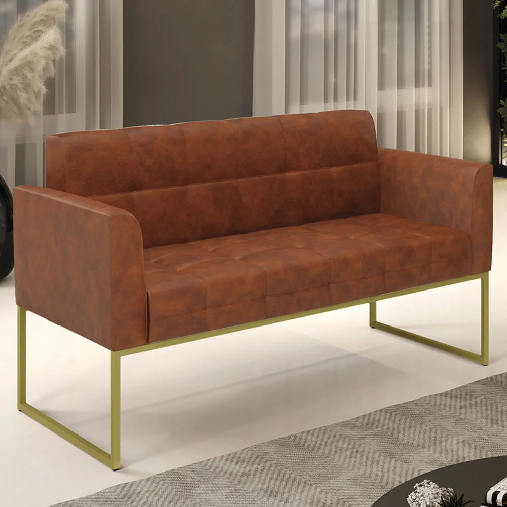 Sofá Namoradeira Base Industrial Dourado Ana Sintético PU Nozes - Ibiza