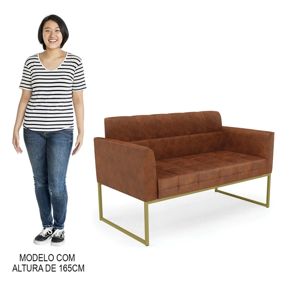 Sofá Namoradeira Base Industrial Dourado Ana Sintético PU Nozes - Ibiza