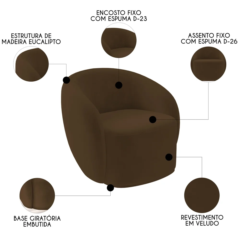 Sofá 2 Lugares Living 160cm e 1 Poltrona Giratória Garbin Z08 Veludo Marrom - Mpozenato