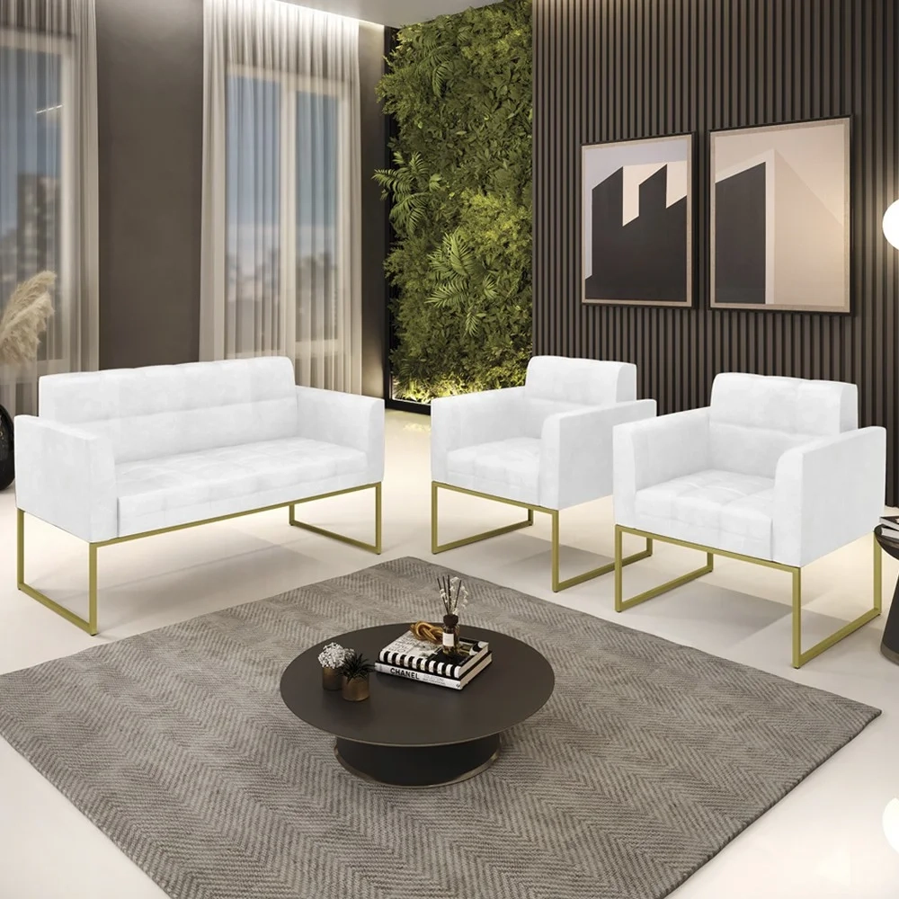Sofá Namoradeira e 2 Poltronas Base Industrial Dourado Ana Sintético PU Branco - Ibiza