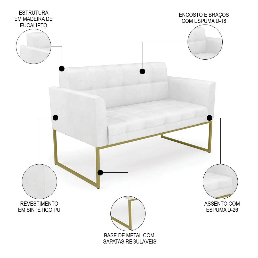 Sofá Namoradeira e 2 Poltronas Base Industrial Dourado Ana Sintético PU Branco - Ibiza