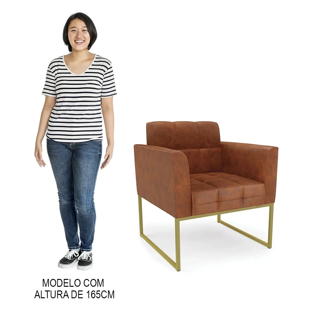 Sofá Namoradeira e 2 Poltronas Base Industrial Dourado Ana Sintético PU Nozes - Ibiza