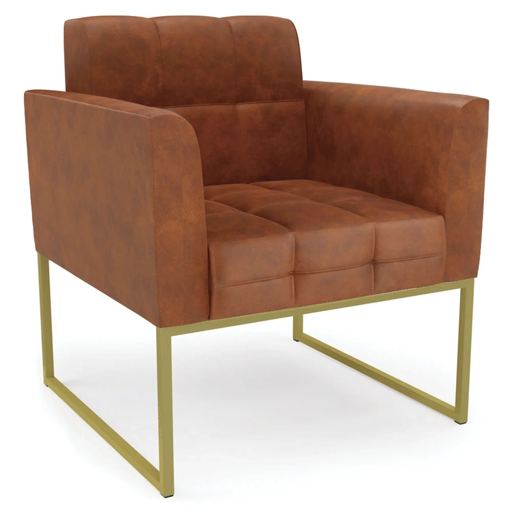 Sofá Namoradeira e 2 Poltronas Base Industrial Dourado Ana Sintético PU Nozes - Ibiza