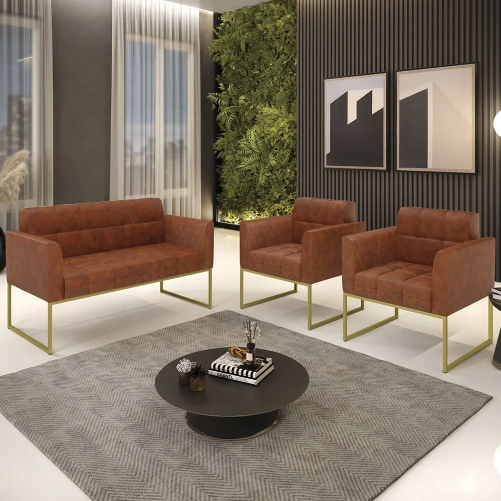 Sofá Namoradeira e 2 Poltronas Base Industrial Dourado Ana Sintético PU Nozes - Ibiza
