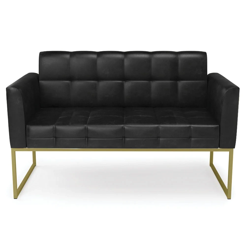 Sofá Namoradeira e 2 Poltronas Base Industrial Dourado Ana Sintético PU Preto - Ibiza