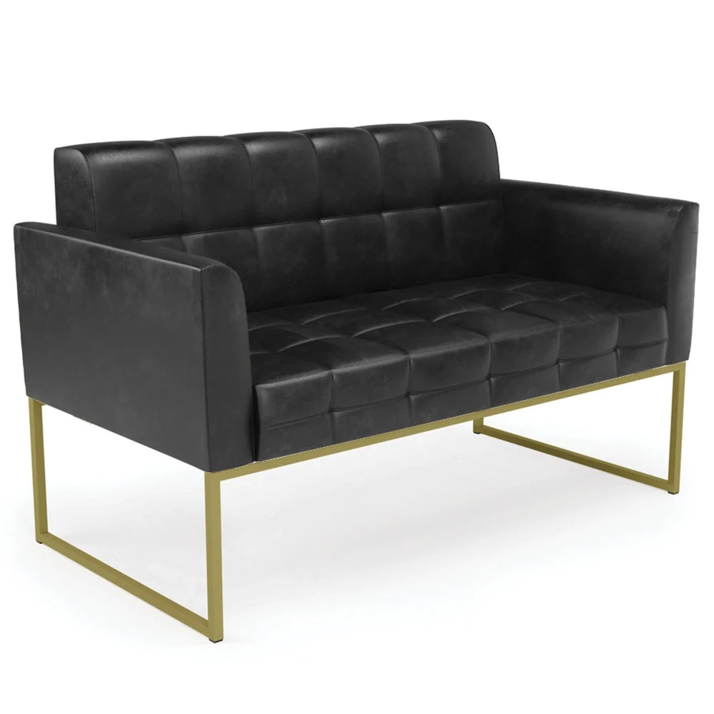 Sofá Namoradeira e 2 Poltronas Base Industrial Dourado Ana Sintético PU Preto - Ibiza