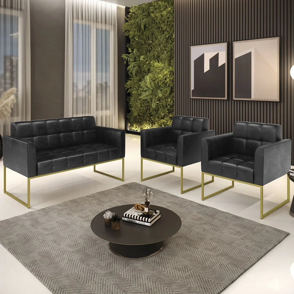 Sofá Namoradeira e 2 Poltronas Base Industrial Dourado Ana Sintético PU Preto - Ibiza