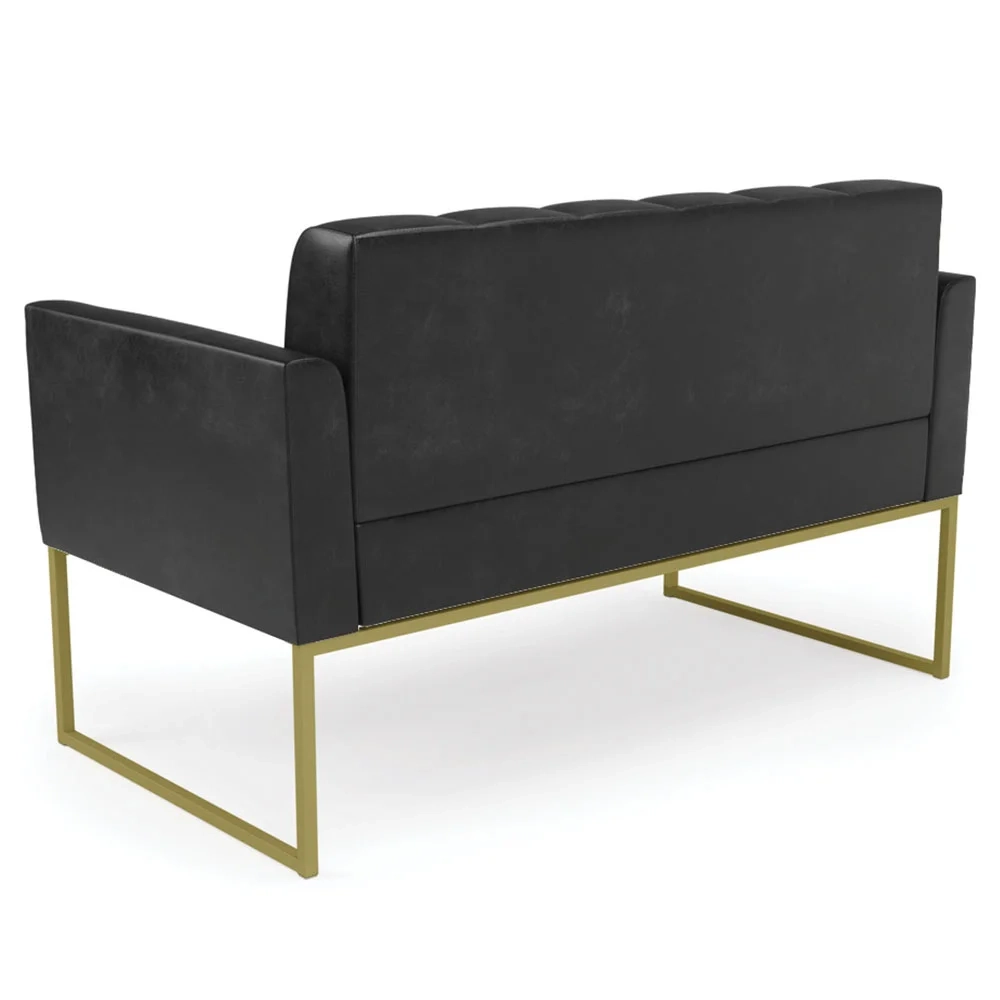 Sofá Namoradeira e 2 Poltronas Base Industrial Dourado Ana Sintético PU Preto - Ibiza