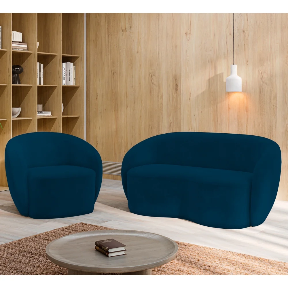 Sofá 2 Lugares Living 160cm e 1 Poltrona Giratória Garbin Z08 Veludo Azul Marinho - Mpozenato