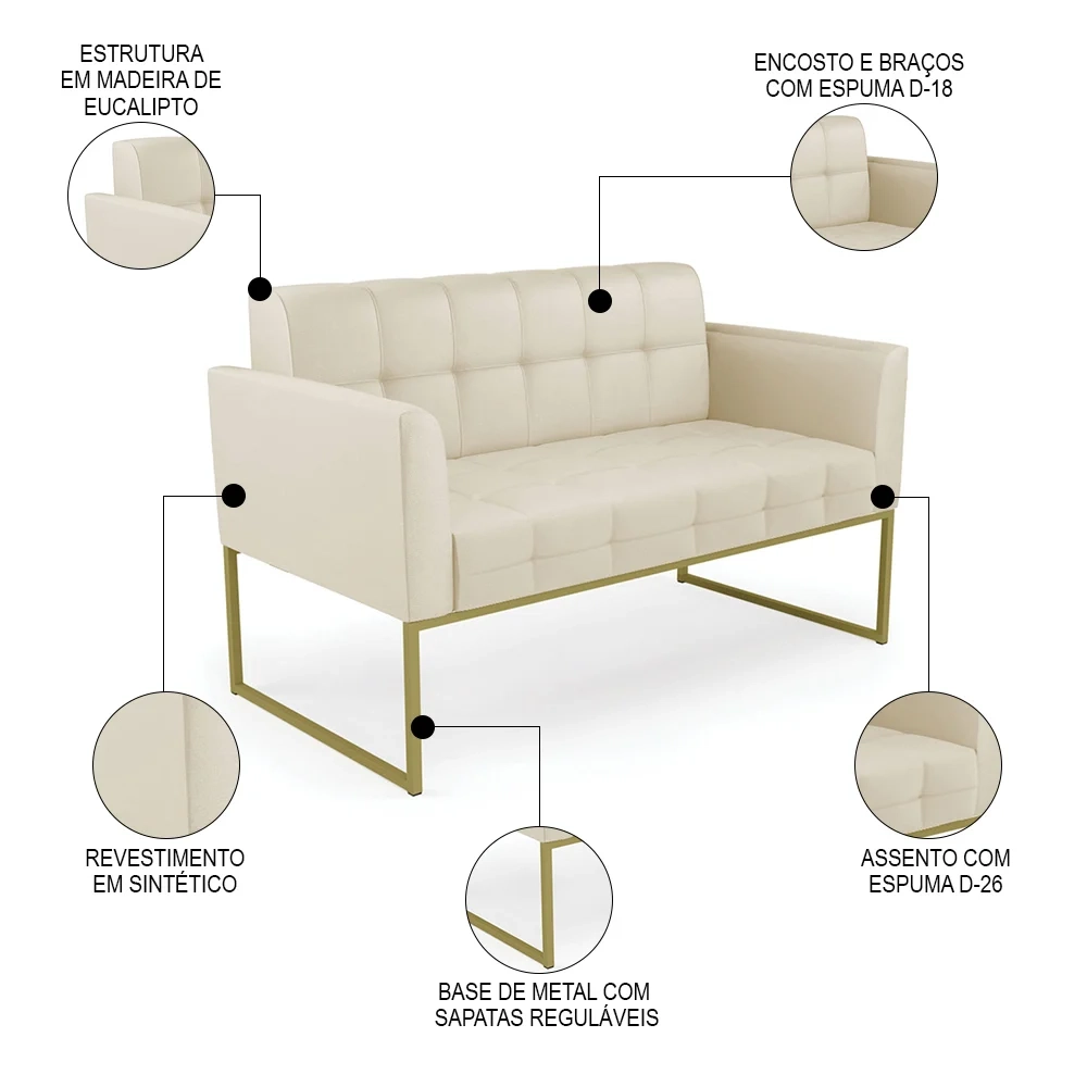 Sofá Namoradeira Base Industrial Dourado Ana Sintético Bege - Ibiza