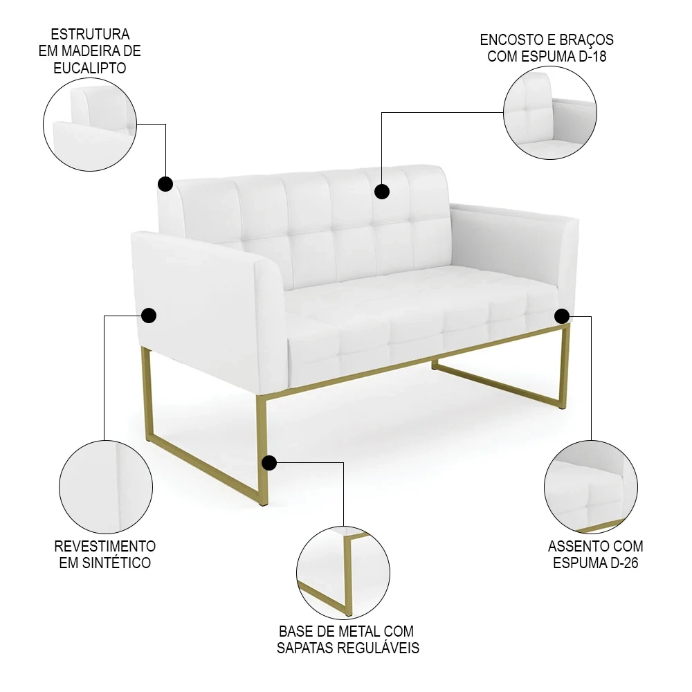 Sofá Namoradeira Base Industrial Dourado Ana Sintético Branco - Ibiza