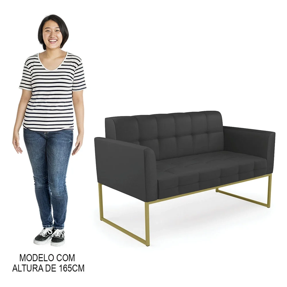 Sofá Namoradeira Base Industrial Dourado Ana Sintético Preto - Ibiza