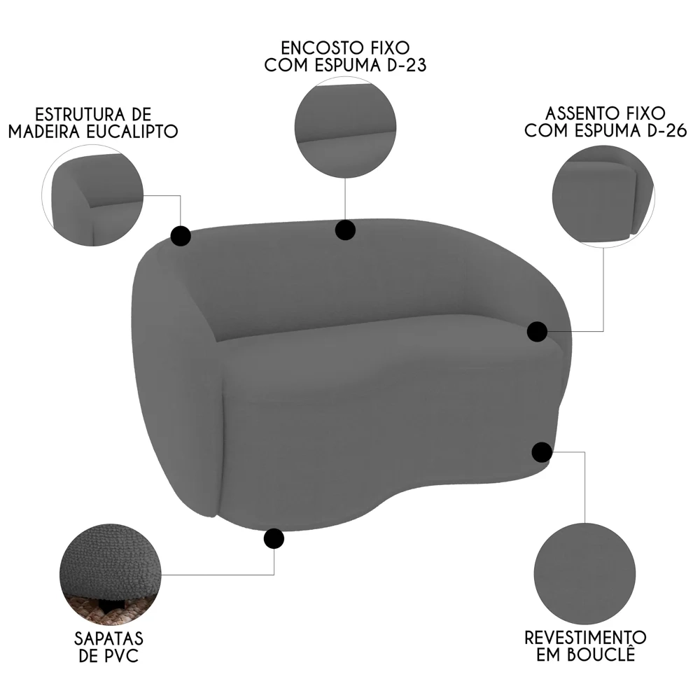 Sofá 3 Lugares Living 180cm e 1 Poltrona Giratória Garbin Z08 Boucle Cinza - Mpozenato