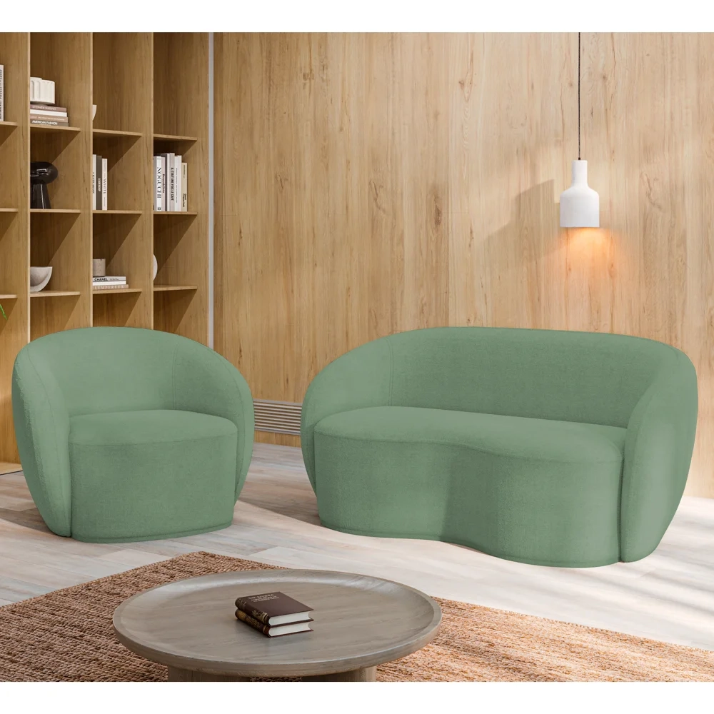 Sofá 3 Lugares Living 180cm e 1 Poltrona Giratória Garbin Z08 Boucle Verde - Mpozenato