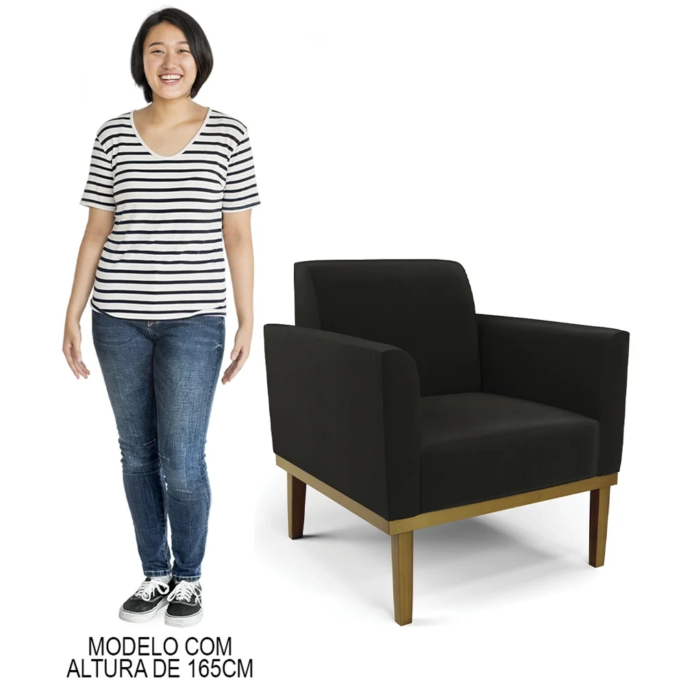 Sofá Namoradeira e 2 Poltronas Base Madeira Castanho Maressa Suede Preto - Ibiza