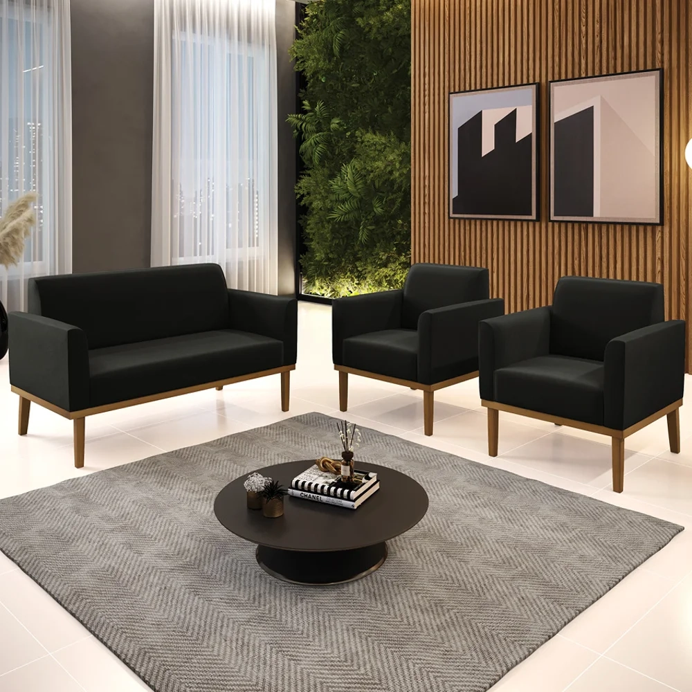 Sofá Namoradeira e 2 Poltronas Base Madeira Castanho Maressa Suede Preto - Ibiza