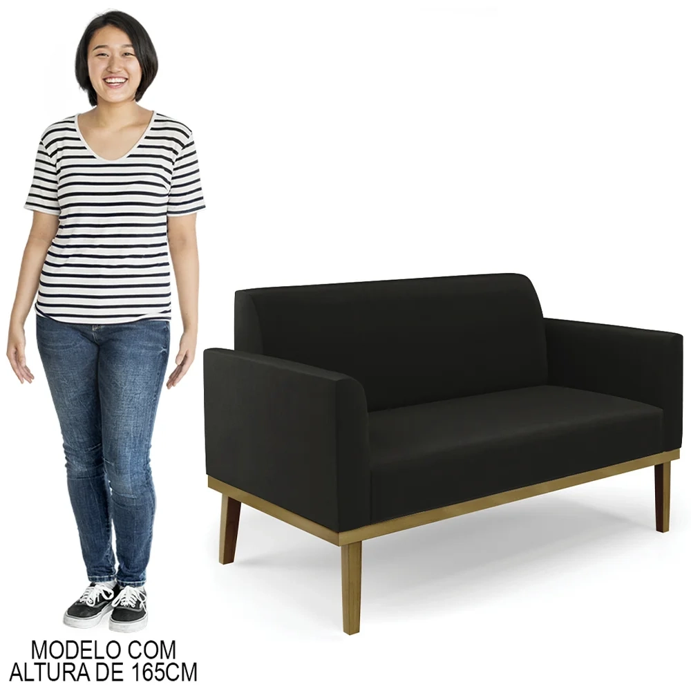 Sofá Namoradeira e 2 Poltronas Base Madeira Castanho Maressa Suede Preto - Ibiza