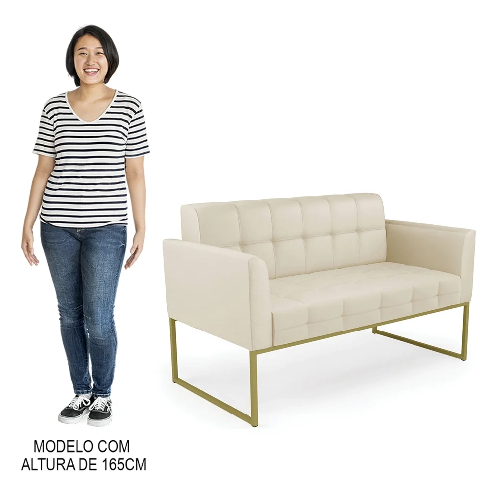 Sofá Namoradeira e 2 Poltronas Base Industrial Dourado Ana Sintético Bege - Ibiza