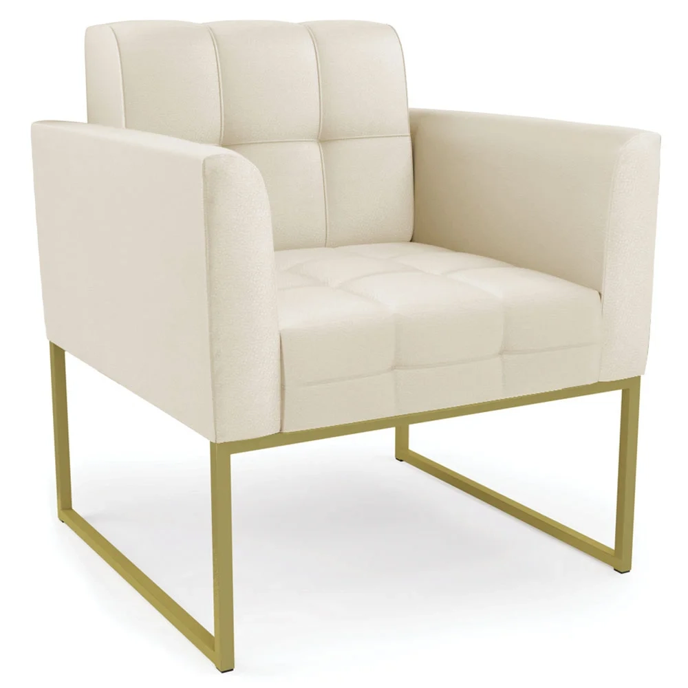 Sofá Namoradeira e 2 Poltronas Base Industrial Dourado Ana Sintético Bege - Ibiza