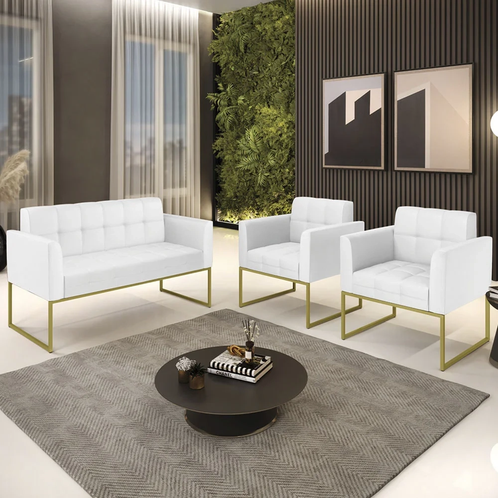 Sofá Namoradeira e 2 Poltronas Base Industrial Dourado Ana Sintético Branco - Ibiza