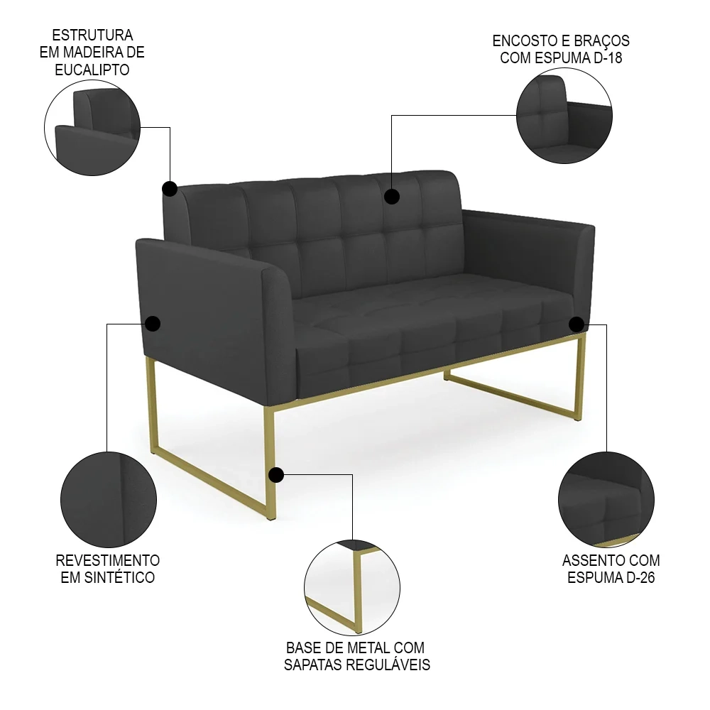Sofá Namoradeira e 2 Poltronas Base Industrial Dourado Ana Sintético Preto - Ibiza