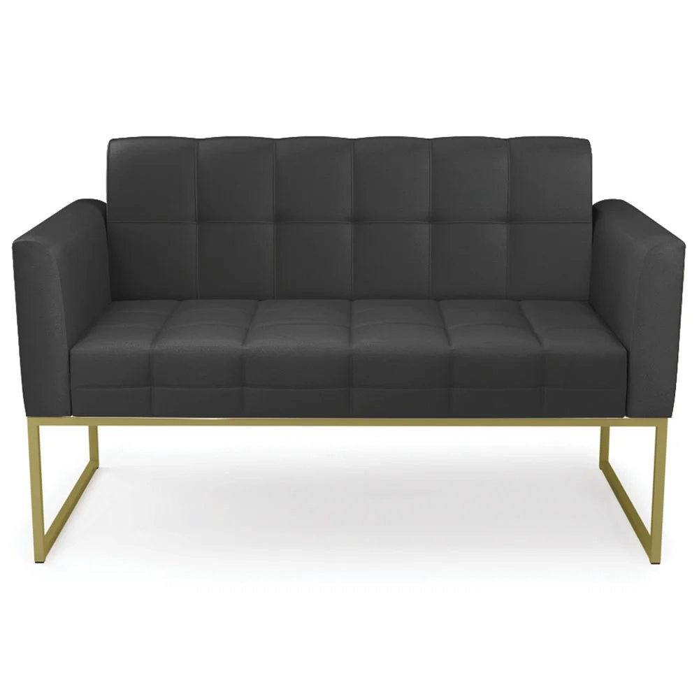 Sofá Namoradeira e 2 Poltronas Base Industrial Dourado Ana Sintético Preto - Ibiza