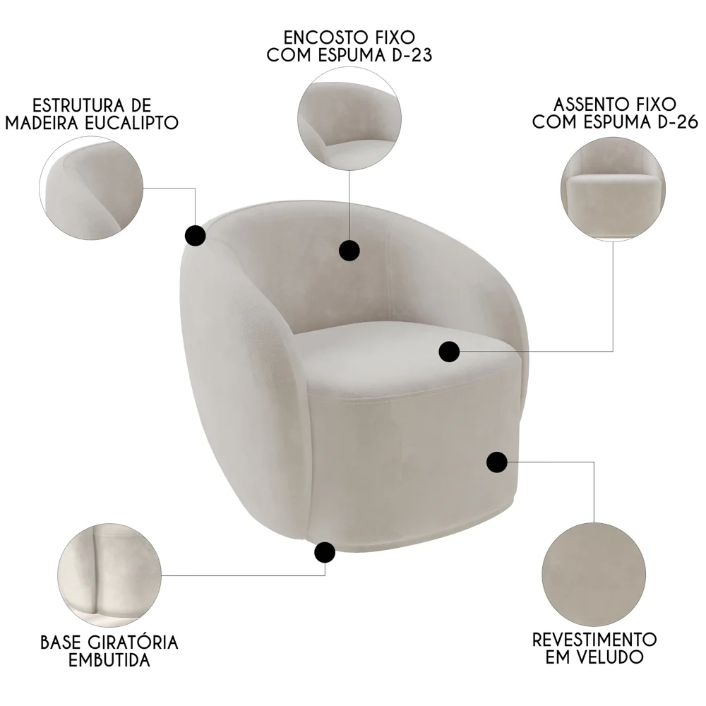 Sofá 3 Lugares Living 180cm e 1 Poltrona Giratória Garbin Z08 Veludo Bege - Mpozenato