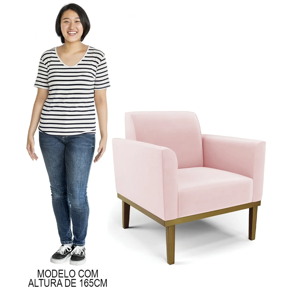 Sofá Namoradeira e 2 Poltronas Base Madeira Castanho Maressa Suede Rosa Bebê - Ibiza