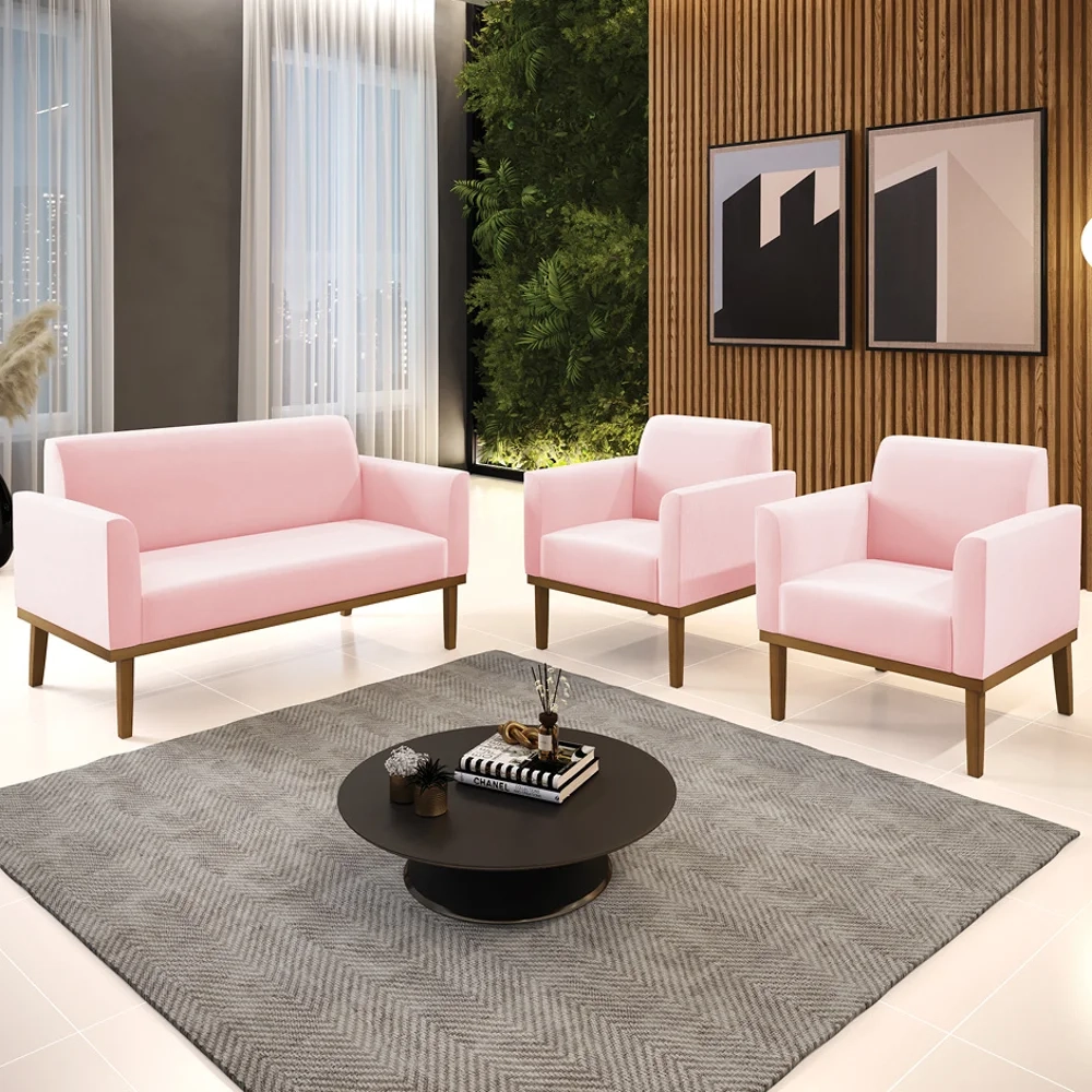 Sofá Namoradeira e 2 Poltronas Base Madeira Castanho Maressa Suede Rosa Bebê - Ibiza
