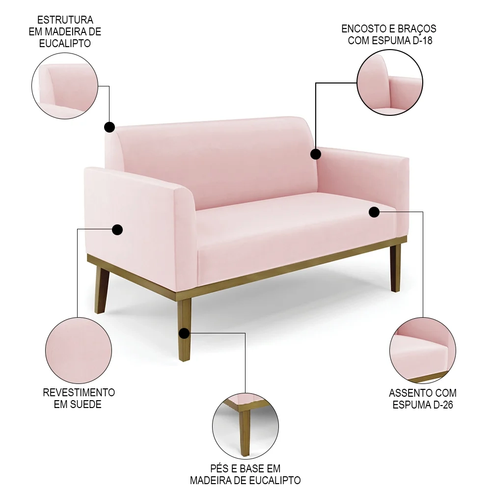 Sofá Namoradeira e 2 Poltronas Base Madeira Castanho Maressa Suede Rosa Bebê - Ibiza