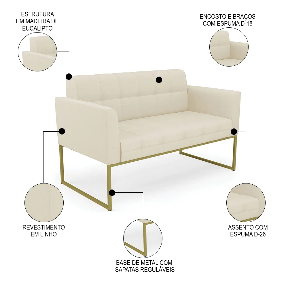 Sofá Namoradeira Base Industrial Dourado Ana Linho Bege - Ibiza