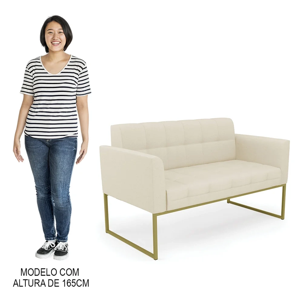 Sofá Namoradeira Base Industrial Dourado Ana Linho Bege - Ibiza
