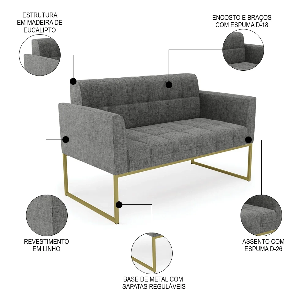 Sofá Namoradeira Base Industrial Dourado Ana Linho Grafite - Ibiza