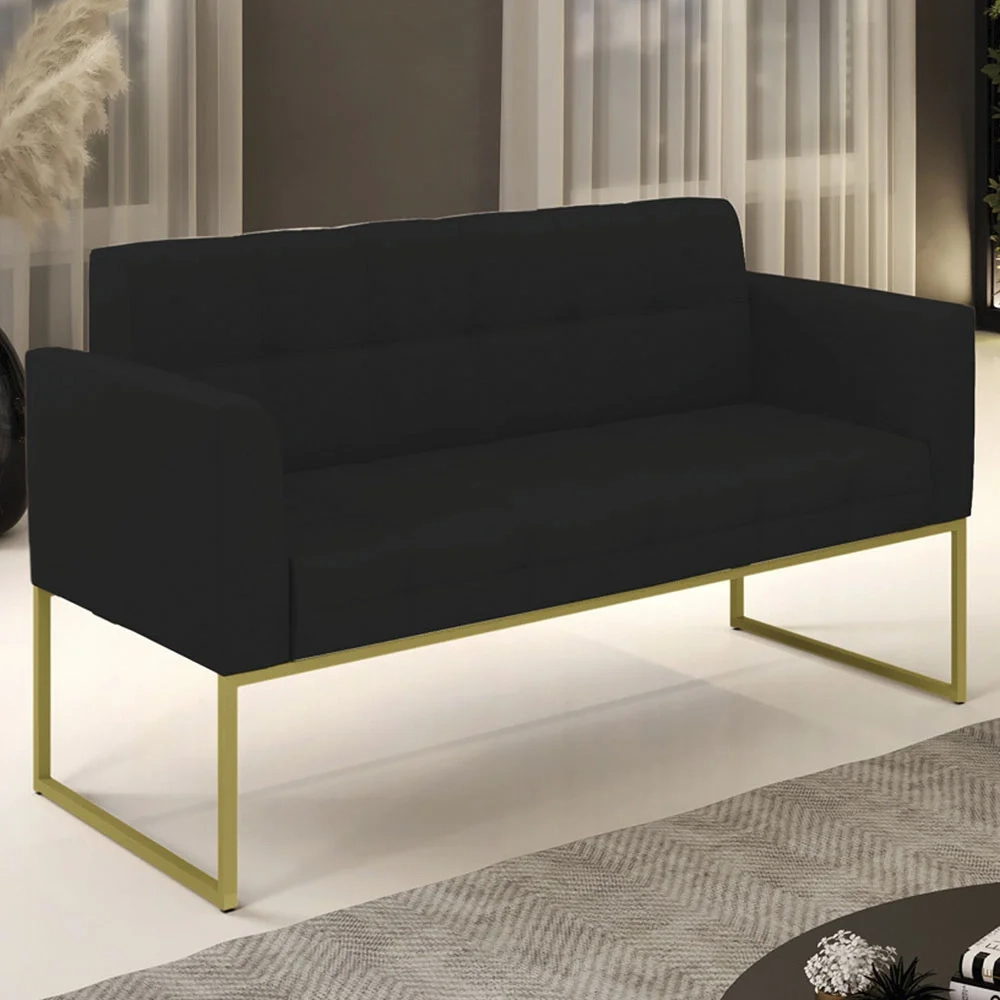 Sofá Namoradeira Base Industrial Dourado Ana Linho Preto - Ibiza