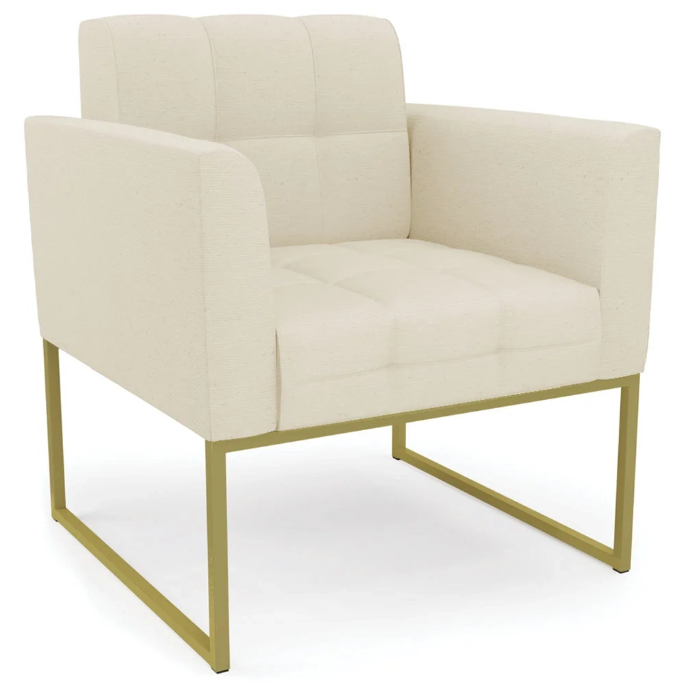Sofá Namoradeira e 2 Poltronas Base Industrial Dourado Ana Linho Bege - Ibiza