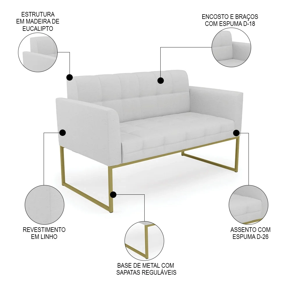 Sofá Namoradeira e 2 Poltronas Base Industrial Dourado Ana Linho Cinza - Ibiza